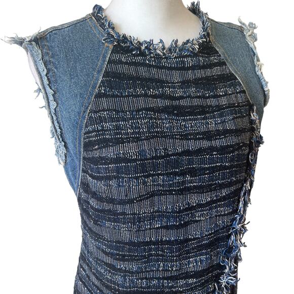 Rebecca Taylor Blue Tweed and Denim Sleeveless Shift Dress Fringe Womens Size 4 - Picture 2 of 8